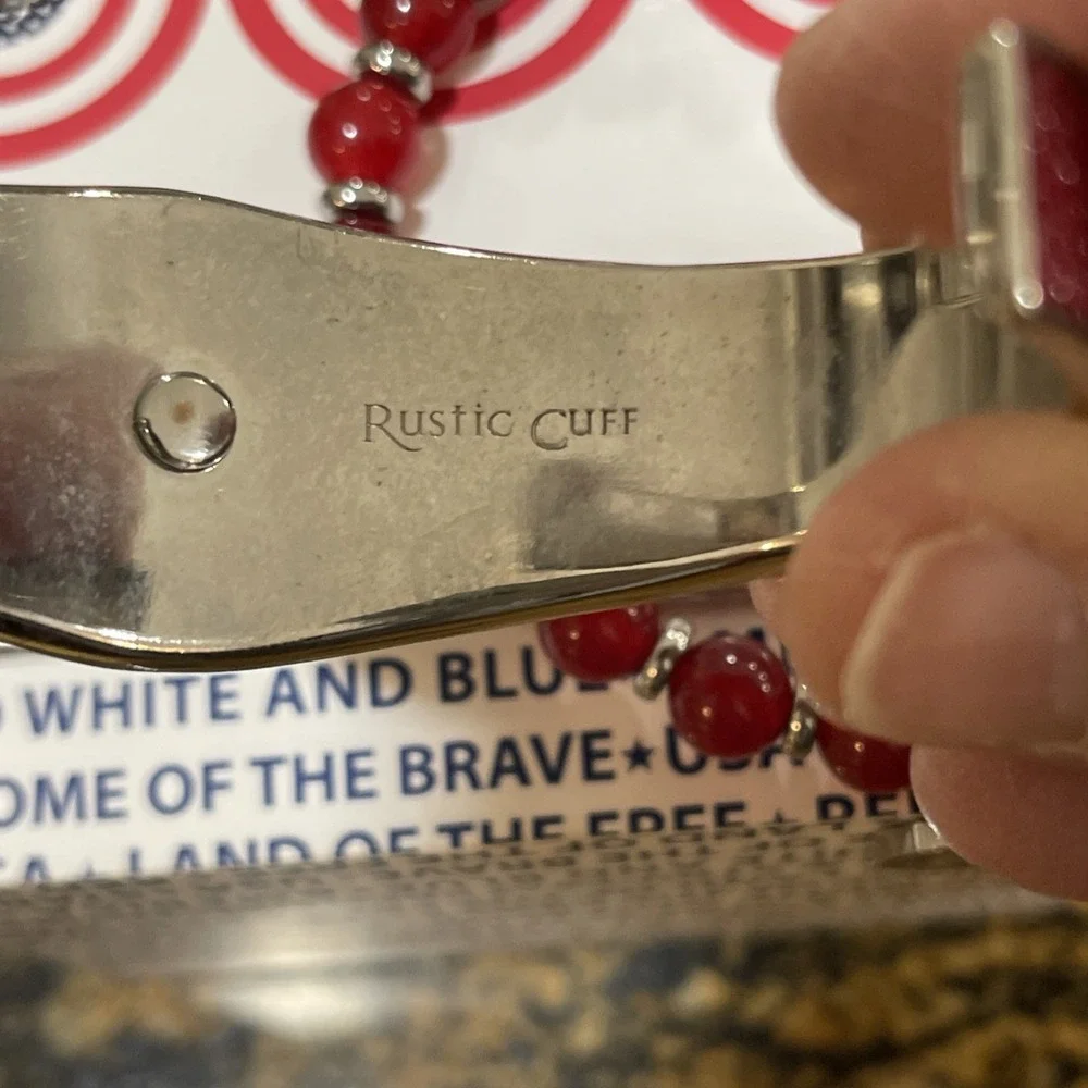 Patriotic Rustic Cuff Set Of 2 Bracelets One Stretch One Metal Cuff Red & Silver